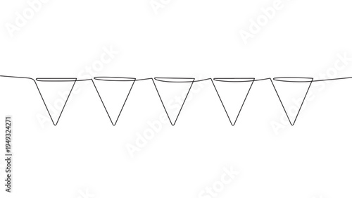 Bunting flags continuous line drawing with simple black outlines on a white background, celebrating festive occasions.
