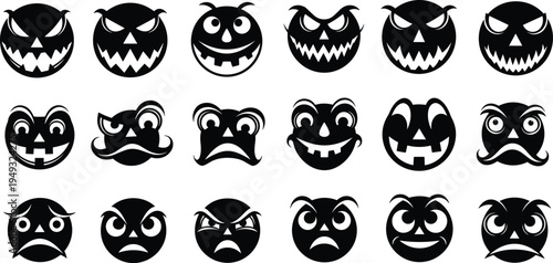 Halloween spooky faces collection with pumpkin monster angry and scary expressions black silhouette vector illustration set