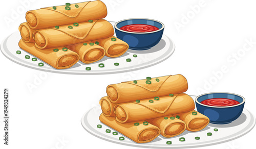 Crispy spring rolls with dipping sauce Asian snack appetizer food plate vector illustration set