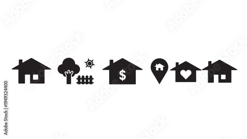 Homes with unique icons including a dollar sign, location pin, and heart, set against a white background.