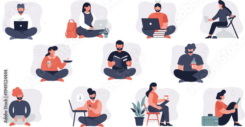 Diverse individuals engage in relaxation and work activities at home