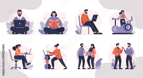 Diverse individuals engage in remote work, fitness, and casual meetings