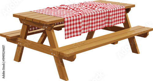 Wooden picnic table with red checkered tablecloth outdoor park furniture vector illustration