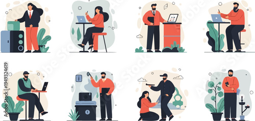 Diverse individuals engage in various activities, from office work to outdoor pursuits