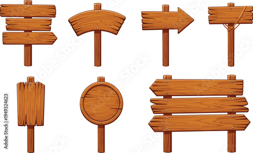 Wooden direction signboards collection rustic wood arrow boards blank signs and round board vector illustration set