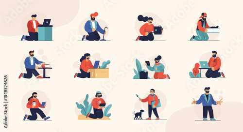 Diverse individuals engaged in various activities, from work to leisure, in a stylized flat design