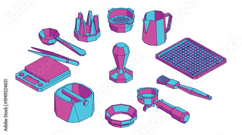 A circular arrangement of isometric, low-poly barista equipment is illustrated in a vibrant pink and cyan color palette on a white background.