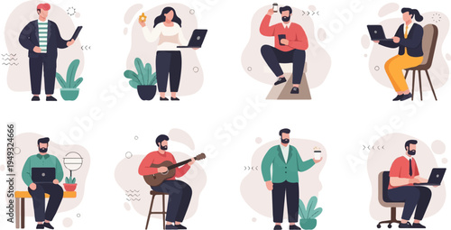 Diverse individuals engaged in various activities, from work to leisure, using modern technology