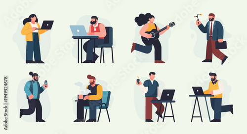 Diverse individuals engage in various activities, from work to leisure, in a stylized flat design