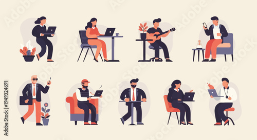 Diverse individuals engage in various activities, from work to leisure, indoors