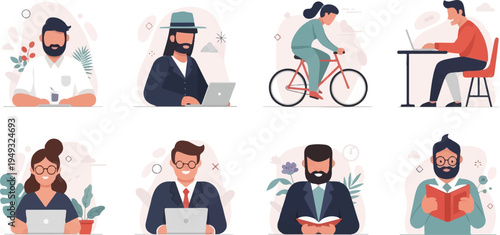 Diverse individuals engage in various activities, from work to leisure, showcasing modern life