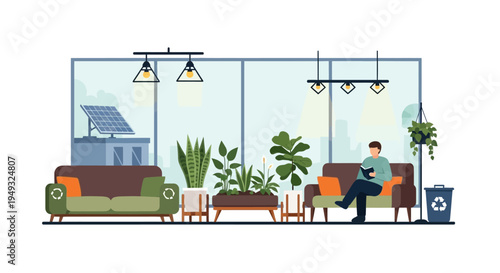 Sustainable Living Concept: Man Reading in Eco-Friendly Interior with Solar Panels, Green Plants & Recycling
