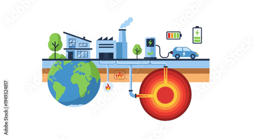 Sustainable Geothermal Energy Powering Modern Homes, Green Industry, and Electric Vehicles. Renewable Future Concept.