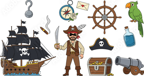 Pirate adventure elements collection with ship treasure chest cannon compass parrot and captain vector illustration set
