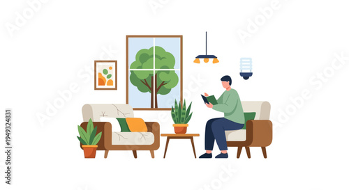 Cozy Home Reading: Man Relaxing with a Book in a Modern Living Room Environment Flat Vector Illustration