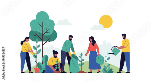 Community Team Planting Trees and Caring for the Environment. Sustainable Green Living and Ecological Conservation Illustration.