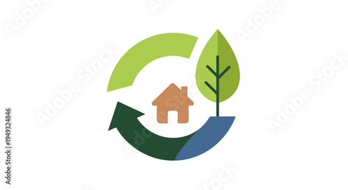Sustainable Living Icon: Green Home, Tree, and Recycle Symbol for Environmental Protection & Eco-Friendly Development