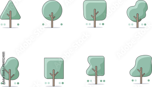 Cartoon trees with different shaped leaves and brown trunks illustrations