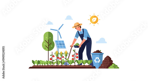 Sustainable Organic Farming: Farmer Tending Eco-Friendly Garden with Solar Panels, Wind Turbine & Composting for Green Agriculture and Healthy Food Production