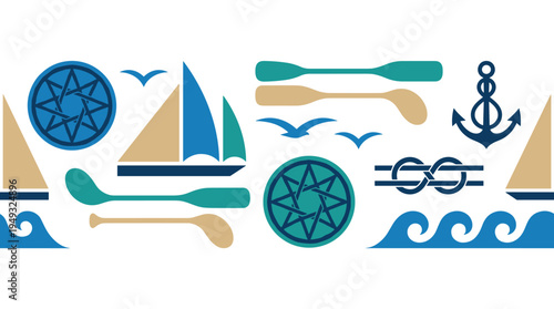 A collection of nautical and sailing icons, including boats, oars, and an anchor, is displayed horizontally.