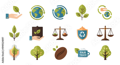 Sustainable Living, Environmental Protection & Fair Trade Icons Set: Eco-Friendly Concepts, Nature, Recycling, and Ethical Consumption Symbols