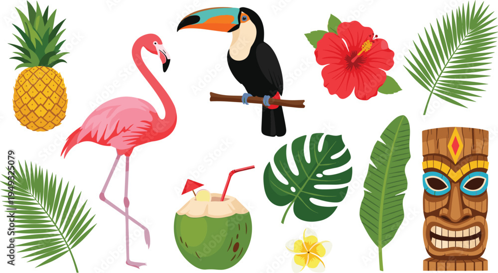 Fototapeta premium Tropical summer elements set with flamingo toucan pineapple coconut hibiscus leaves and tiki mask vector illustration