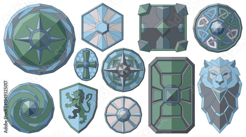 A collection of twelve different medieval shields is illustrated in a detailed pixel art style.
