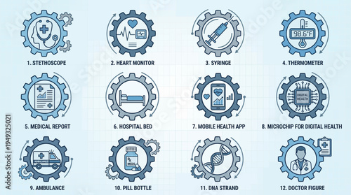 Healthcare Medical Services Vector Illustration with Gear Icons Showing Telemedicine, DNA Research, Hospital Bed, Ambulance, Syringe, Heartbeat Monitor, Infection Control, Medication, Emergency Care