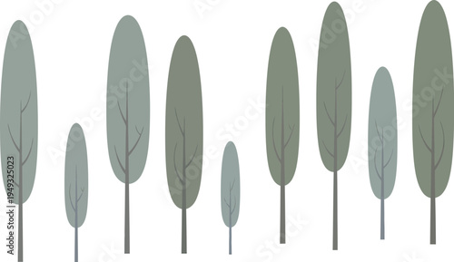 Minimalist illustration of five grey trees on white background