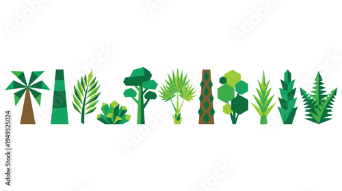 A collection of ten different trees and plants is illustrated in a simple, geometric, low-poly style.
