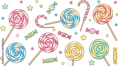 Colorful Lollipop Candy Illustration Set with Swirl Sweets, Candy Canes, Wrapped Candies and Stars for Kids Party, Dessert and Confectionery Designs