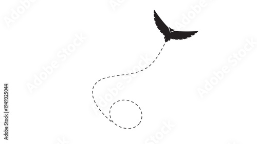 Bird silhouette flying with a dashed flight path showing movement and trajectory in a minimalist design style.