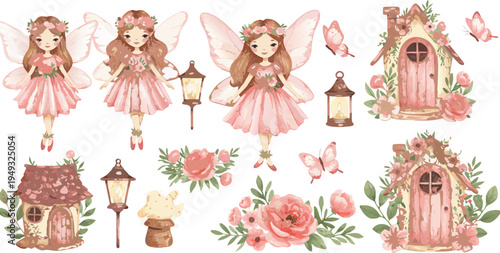 Whimsical fairy illustrations with pink flowers and lanterns in a fantasy garden scene