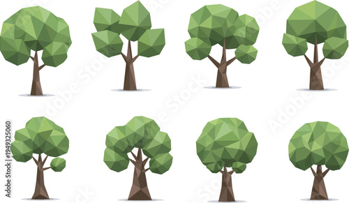 Low Poly Trees with Brown Trunks and Green Leaves on White Background