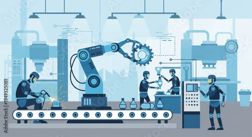 Modern factory with robotic arm and workers on assembly line.