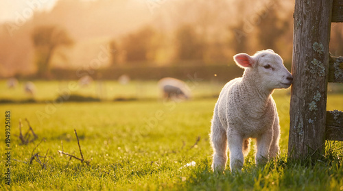 Photograph of a cute fluffy lamb standing peacefully next to a rustic wooden fence post in a sunlit green pasture.