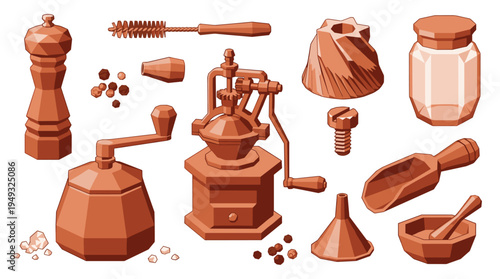 A set of vintage-style pepper grinders and spice tools is displayed in a monochromatic brown pixel art illustration.