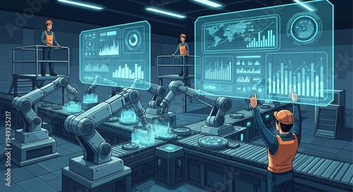 Automated Factory Production Line with Robotic Arms and Digital Displays.