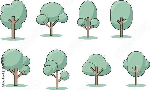 Cartoon trees in different shapes and sizes, illustration set