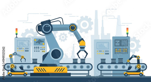 Automated Robotic Arm on a Conveyor Belt in a Factory Setting.