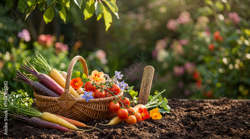 Tableau sur toile Freshly harvested organic vegetables and edible flowers in a basket on rich soil in a sunny garden