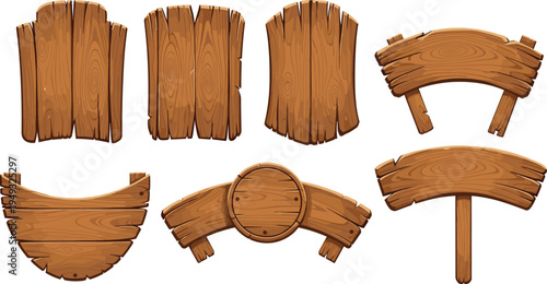 Wooden signboards collection rustic wood planks banners and blank boards for message or direction vector illustration