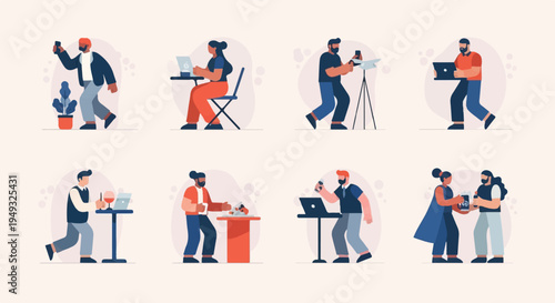 Diverse individuals engaged in various activities, including photography, work, and social interaction