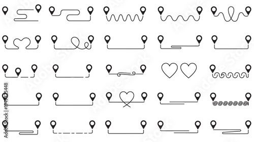 Location pins with diverse line path designs including curves, zigzags, hearts, and waves to represent routes