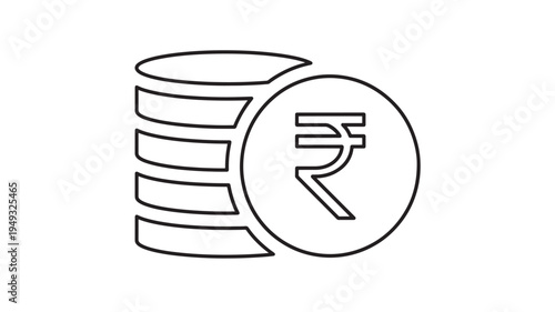 Rupee symbol coin stack icon with a clean black outline on a white background representing financial currency and economic value