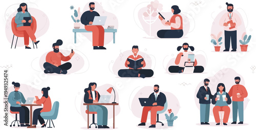 Diverse individuals engaged in various activities, including reading and using devices