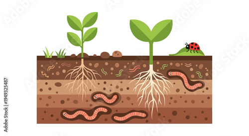 Healthy Soil Ecosystem Illustration: Plant Roots, Earthworms, and Underground Life for Sustainable Growth