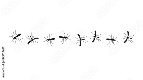 Mosquitoes black silhouette icons with legs and wings spread in various poses across a white background