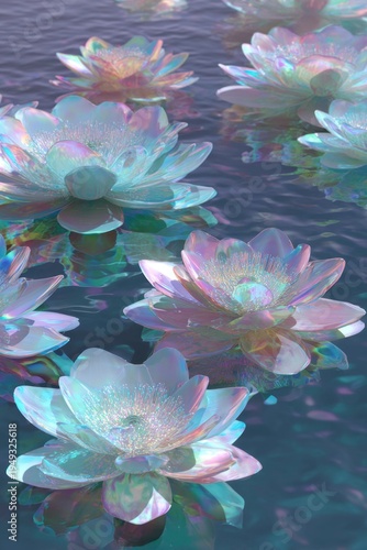 iridescent flowers floating on water
