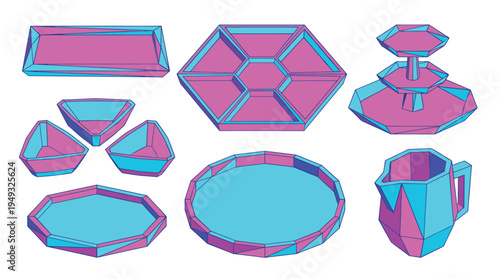 A set of polygonal serving trays, bowls, and a pitcher is illustrated in a bright pink and blue color scheme.